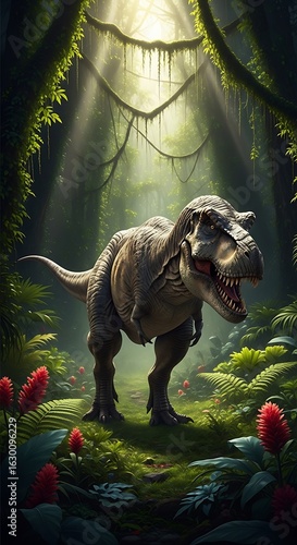Tyrannosaurus rex in a lush jungle.