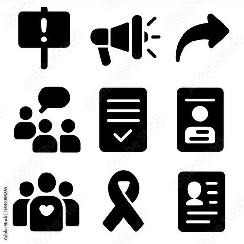 Social Awareness Icons. Solid, filled icons set of ways to increase social awareness and activism: protest
