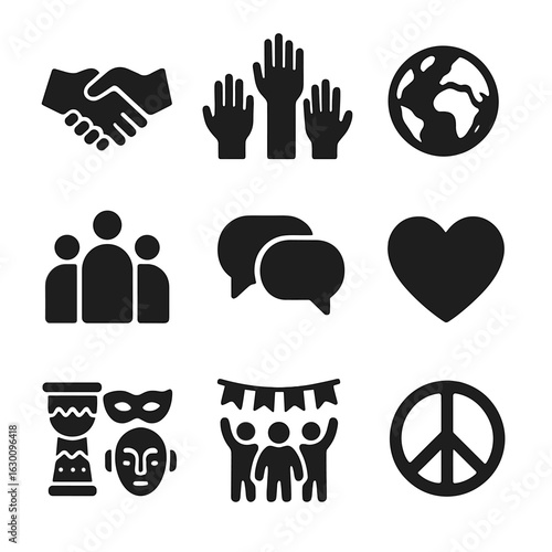 Social Inclusion Icons. Solid, filled icons set of Social inclusion and culture: handshake, diverse hands,