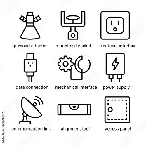 Payload Integration Icons. Outline icon set of payload integration: payload adapter, mounting bracket, electrical interface, data