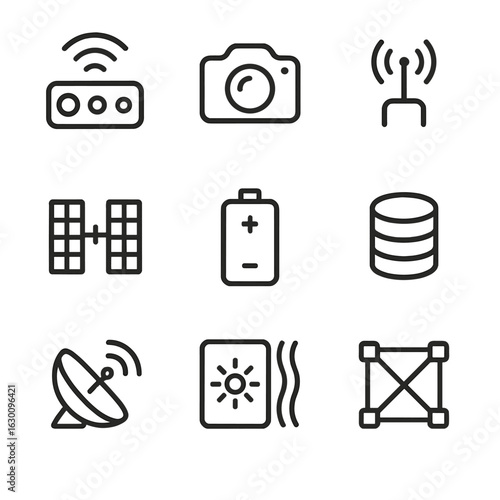 Payload Components Icons. Outline icon set of payload components: sensors, cameras, antennas, solar panels, batteries, data