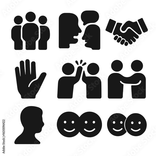 Social Interaction Icons. Solid, filled icons set of social interactions: group of people, talking faces,