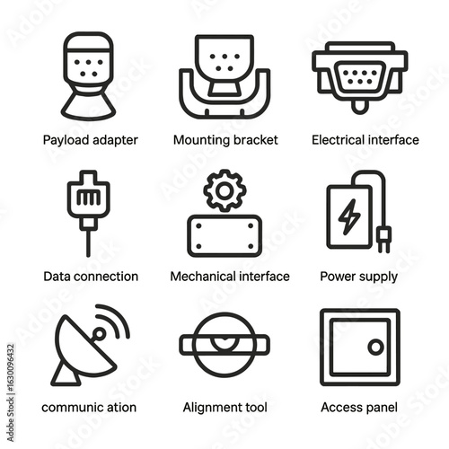 Payload Integration Icons. Outline icon set of payload integration: payload adapter, mounting bracket, electrical interface, data