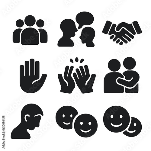 Social Interaction Icons. Solid, filled icons set of social interactions: group of people, talking faces,