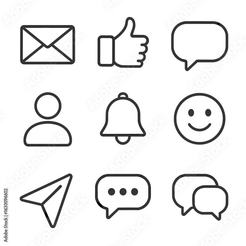 Social Media Icons. Outline icon set of social media messaging: direct message, like button, comment bubble,