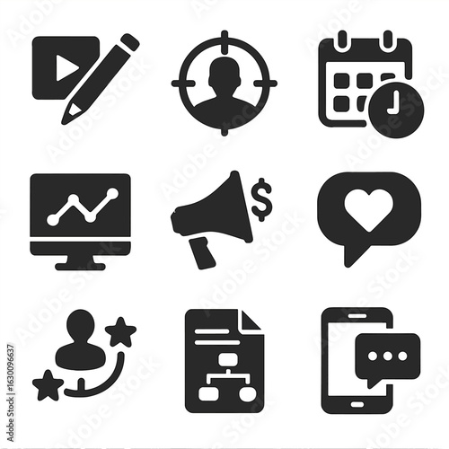 Social Media Icons. Solid, filled icons set of social media marketing framework: content creation, audience