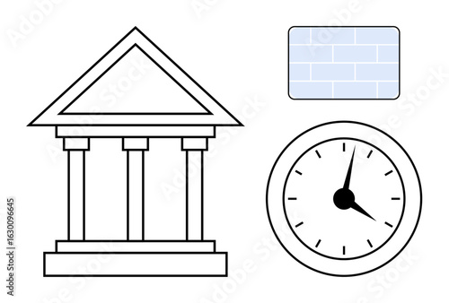 Triangular-roof building with columns, circular clock, and light brick wall. Ideal for time management, history, architecture, government, tradition punctuality and societal structure. A simple
