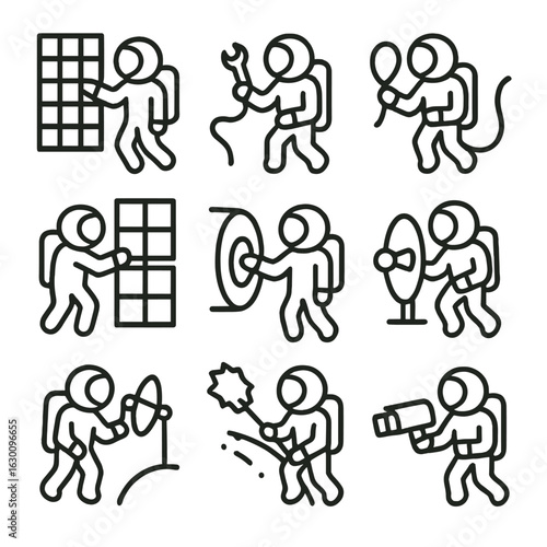 EVA Icon Set. Outline icon set of EVA activities: panel inspection, tool use, cable routing, solar array adjustment, module