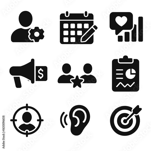 Social Media Icons. Solid, filled icons set of social media management: profile optimization, content calendar