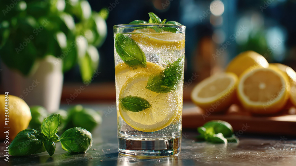 Fototapeta premium Refreshing basil lemonade with lemon slices and basil sprigs in a glass, highlighted by sunlight; perfect for summer beverage advertising.