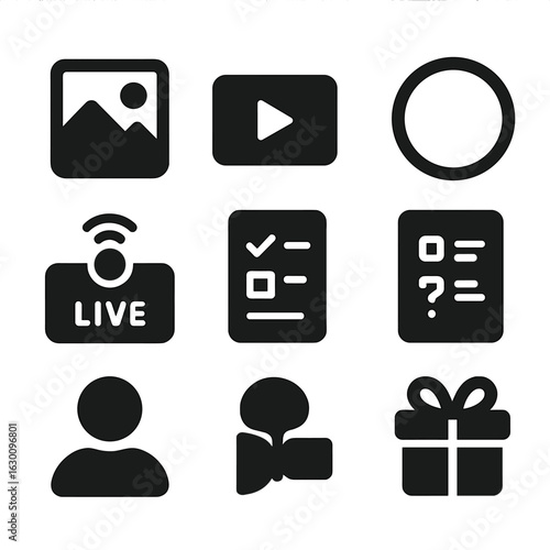 Social Media Icons Grid. Solid, filled icons set of social media content types: photos, videos, stories, reels