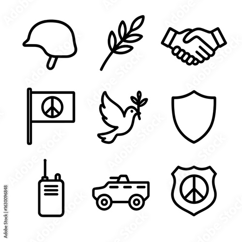 Peacekeeping Icons Set. Outline icon set of peacekeeping forces: peacekeeper helmet, olive branch, handshake, peace flag, dove,