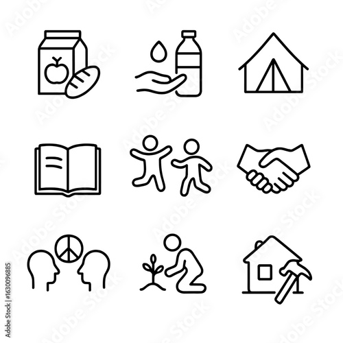 Peacekeeping Icon Set. Outline icon set of peacekeeping community support: food aid, water supply, shelter tent, education book,