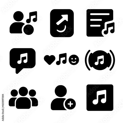 Social Music Icons Grid. Solid, filled icons set of social music features: friend activity, share to stories,
