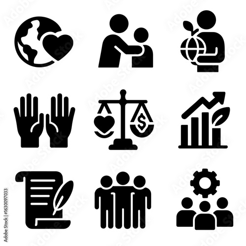 Social Responsibility Icons. Solid, filled icons set of social responsibility: globe with heart, care for