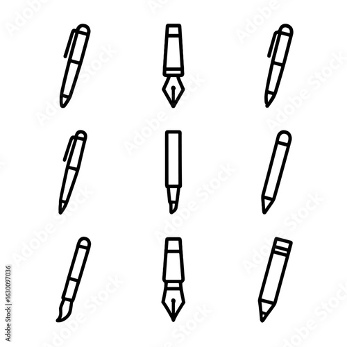 Pen Icon Collection. Outline icon set of pen types: ballpoint pen, fountain pen, gel pen, rollerball pen, felt-tip pen, stylus pen