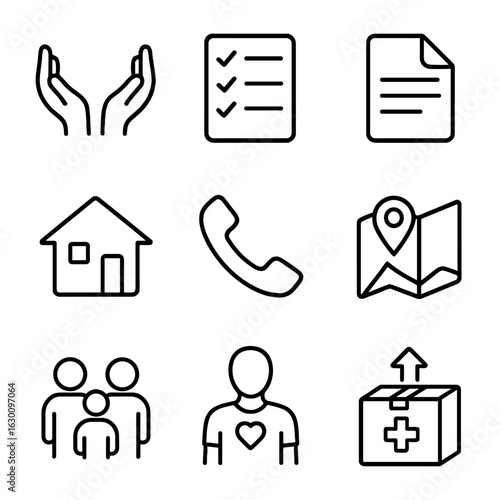 Social Services Icons. Outline icon set of social services for resettlement: support hands, checklist,