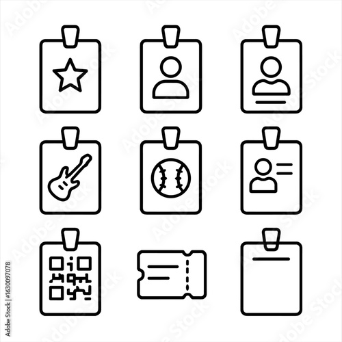 Event Pass Icons. Outline icon set of event ID passes: VIP pass, guest pass, press badge, backstage access, concert tag, sports