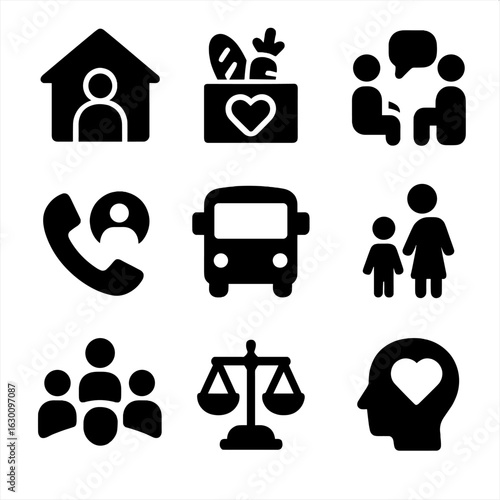 Social Services Icons. Solid, filled icons set of social services: shelter, food bank, counseling, phone