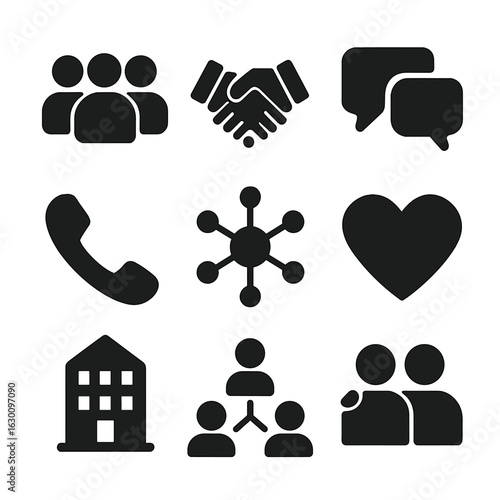 Social Support Icons. Solid, filled icons set of social support networks: group of people, handshake, chat