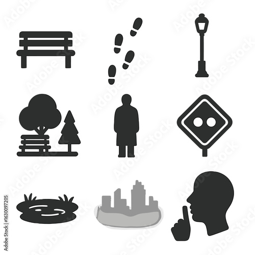 Solitude Icon Set. Solid, filled icons set of solitude in morning fog: lone bench, fading footsteps, empty