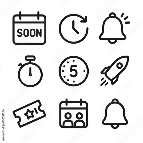 Event Icon Set. Outline icon set of upcoming events: calendar marked soon, clock with arrow, alarm notification, stopwatch,