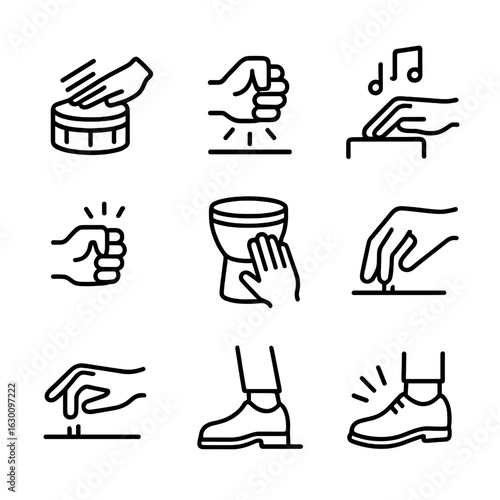 Percussive Rhythm Icons. Outline icon set of knock in music: drum knock, beat on surface, tapping rhythm, percussive knock, hand