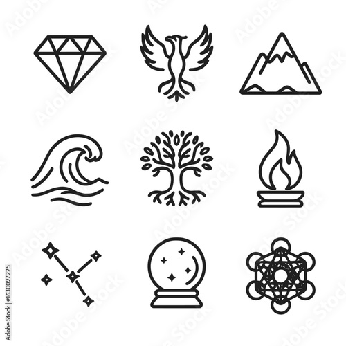 Everlasting Icon Set. Outline icon set of everlasting elements: diamond, phoenix, mountain, ocean wave, ancient tree, eternal
