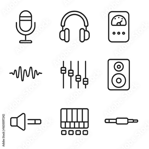 Sound Equipment Icons. Outline icon set of sound check and testing: microphone, headphones, sound meter,