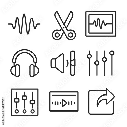 Sound Editing Icon Set. Outline icon set of sound editing: waveform, scissors, audio track, headphones, volume