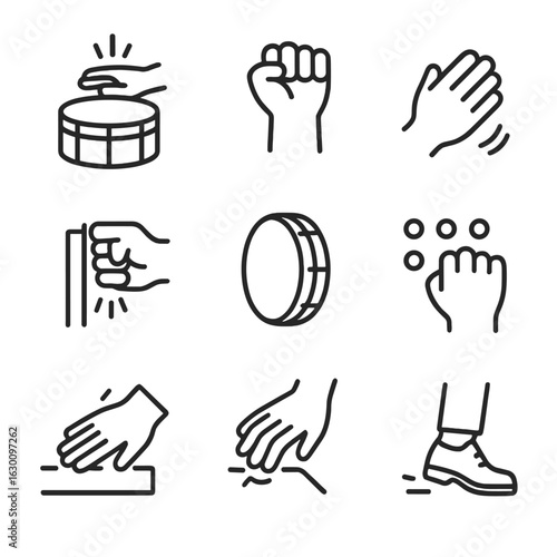 Percussive Rhythm Icons. Outline icon set of knock in music: drum knock, beat on surface, tapping rhythm, percussive knock, hand