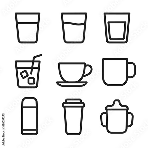 Everyday Drinkware Icons. Outline icon set of everyday drinkware: water glass, juice glass, milk glass, iced tea glass, coffee cup