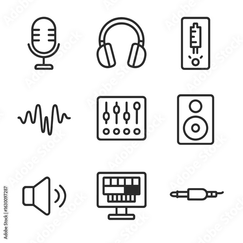 Sound Equipment Icons. Outline icon set of sound check and testing: microphone, headphones, sound meter,