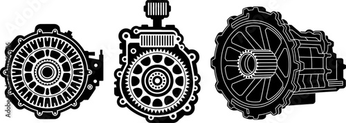 Intricate black silhouette of a car gearbox transmission, ideal for mechanical designs, automotive logos, and engineering art