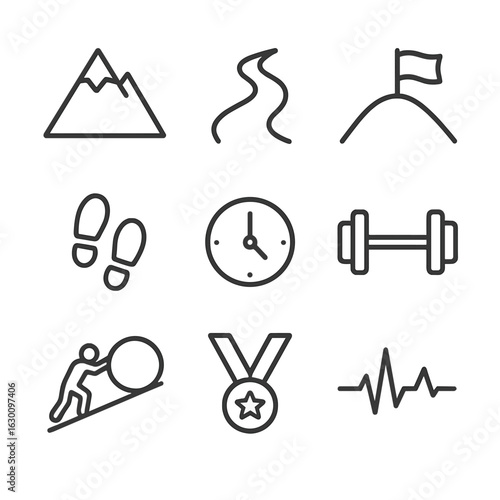 Perseverance Icon Set. Outline icon set of perseverance: mountain peak, road winding, flag on hill, footsteps, clock, heavy