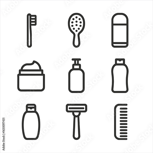 Personal Care Icon Set. Outline icon set of personal care items: toothbrush, hairbrush, deodorant, face cream, lotion bottle,