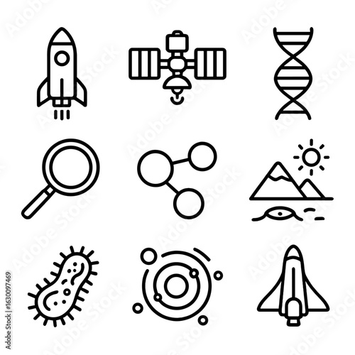 Space Exploration Icons. Outline icon set of space exploration for life detection: rocket, space station, DNA