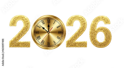 Golden new year 2026 with clock isolated on transparent background