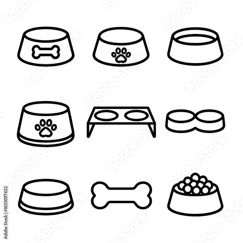 Pet Bowl Icons. Outline icon set of pet food bowls: dog bowl, cat bowl, water dish, food with paw print, elevated bowl stand,