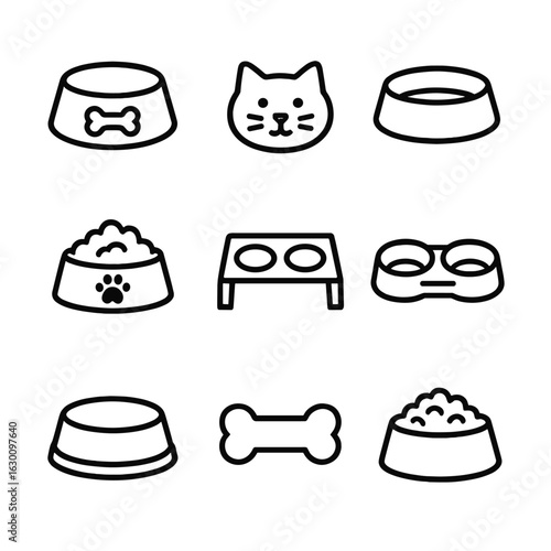 Pet and Disposable Bowls Icons. Outline icon set of pet food bowls: dog bowl, cat bowl, water dish, food with paw print, elevated