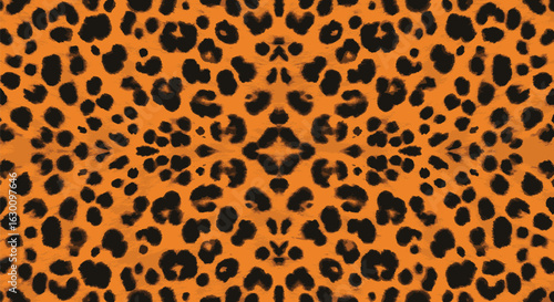 Symmetrical leopard print pattern. Seamless animal fur texture with orange and black spots for background design. Vector illustration.