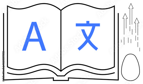 Open book with large characters from different languages, an egg-shaped object, and upward arrows. Ideal for education, language learning, translation, growth, literacy, globalization progress