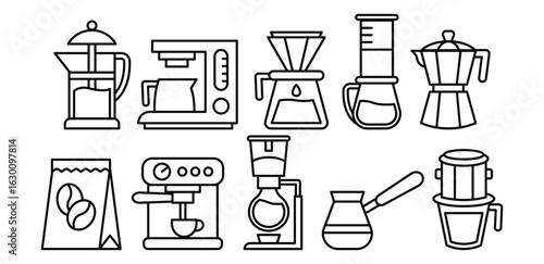 Line Art Coffee Maker Machine Icon Black and White Illustrations of Brewing Equipment, Beverage, Kitchen, Cafe, Appliance, Barista, Expresso, Symbol Vector Design Illustration Collection
