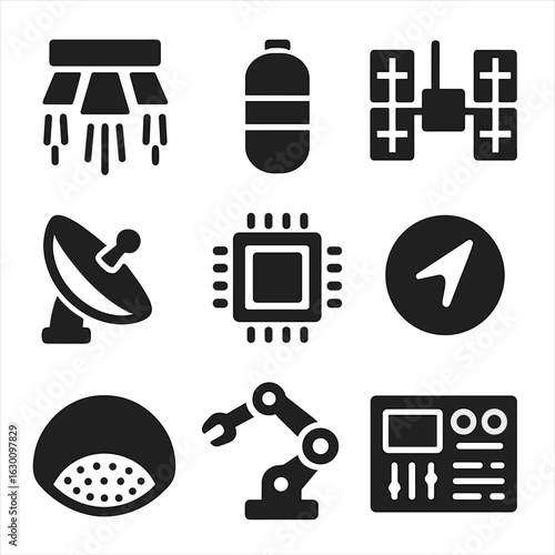Space Probe Icon Set. Solid, filled icons set of space probe mechanics: thrusters, fuel tank, solar cells,