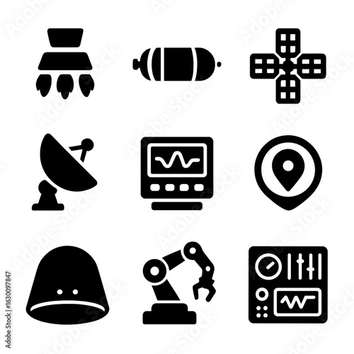 Space Probe Icon Set. Solid, filled icons set of space probe mechanics: thrusters, fuel tank, solar cells,
