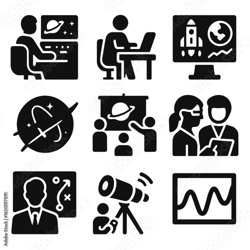 Space Science Icons. Solid, filled icons set of space science teamwork: astrophysicist at console, mission