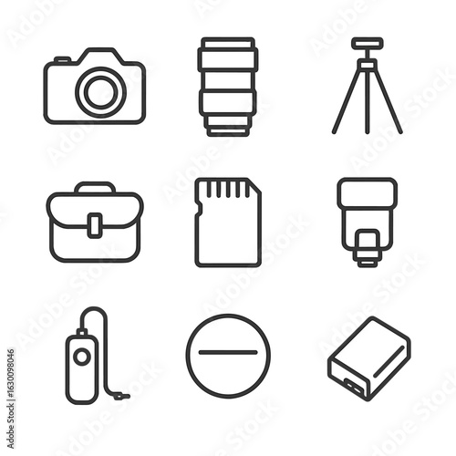 Photographer Essentials Icons. Outline icon set of photographer essentials: DSLR camera, camera lens, tripod, camera bag, memory