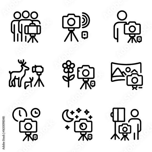 Photography Icon Set. Outline icon set of remote shutter creative techniques: group selfie, long exposure, self-portrait, wildlife