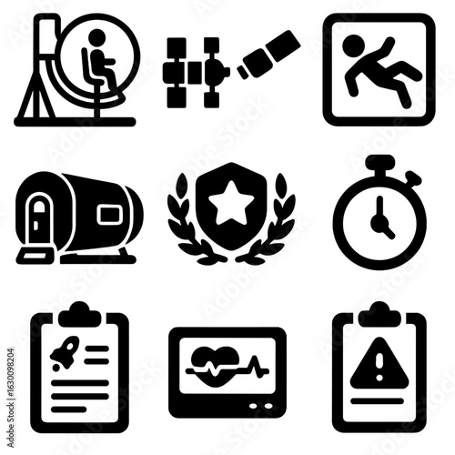 Space Training Icons. Solid, filled icons set of space training simulations: spin trainer, docking simulator,
