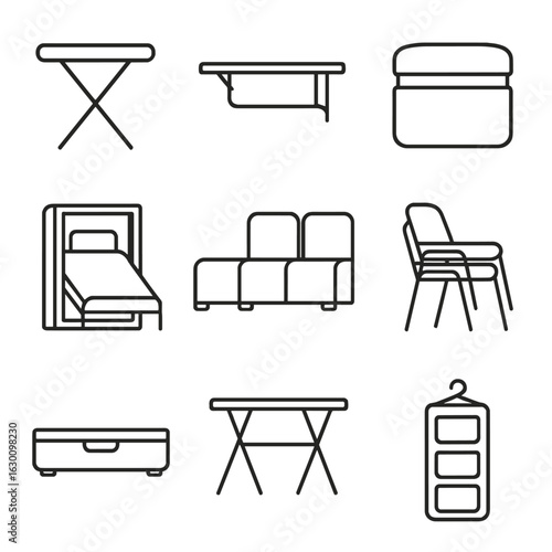 Space-Saving Furniture Icons. Outline icon set of space-saving furniture and storage solutions: foldable table